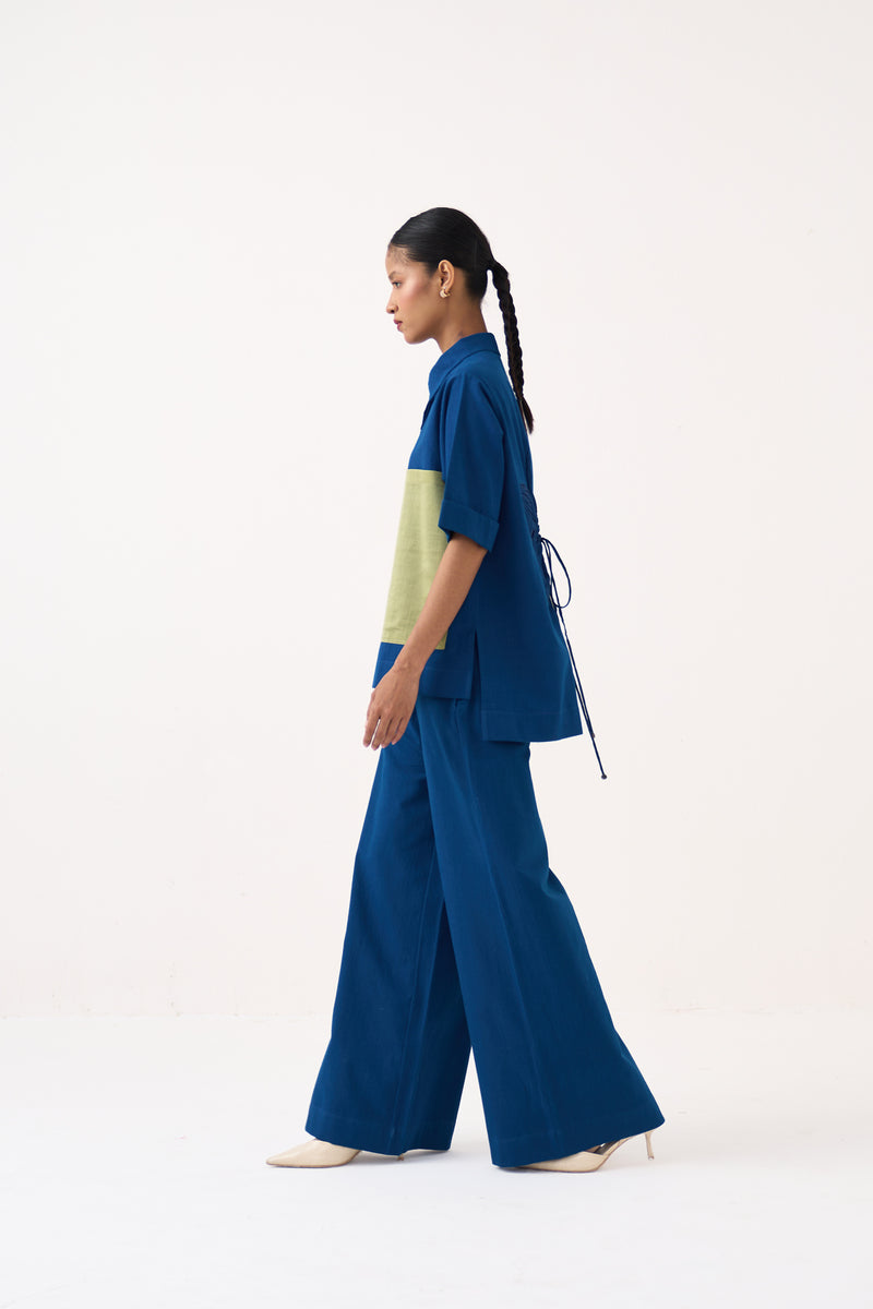 Back Drawstring Floral Shirt-Cobalt Blue handwoven cotton tunics/kaftan by THREE in cobalt blue for women Worldwide