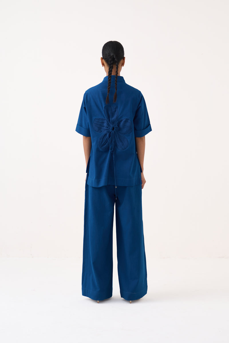 Back Drawstring Floral Shirt-Cobalt Blue handwoven cotton tunics/kaftan by THREE in cobalt blue for women Worldwide