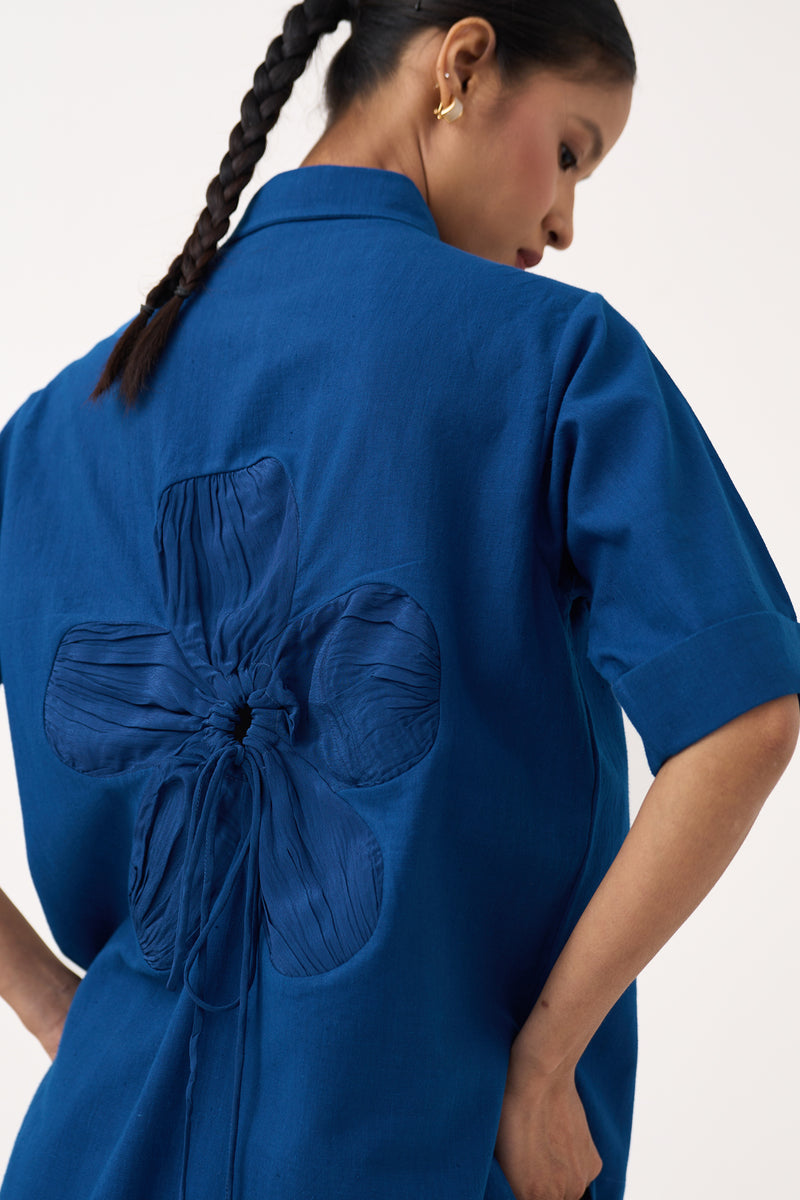 Back Drawstring Floral Shirt-Cobalt Blue handwoven cotton tunics/kaftan by THREE in cobalt blue for women Worldwide