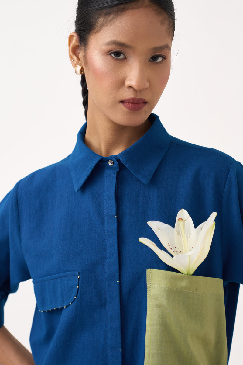 Back Drawstring Floral Shirt-Cobalt Blue handwoven cotton tunics/kaftan by THREE in cobalt blue for women Worldwide