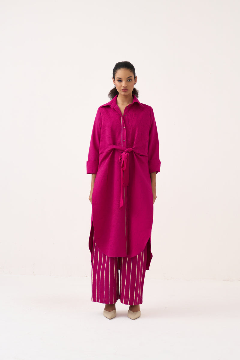 Front Knot Shirt Co-Ord (Set Of 2)-Bright Berry handwoven cotton co-ord set by THREE in pink for women Worldwide