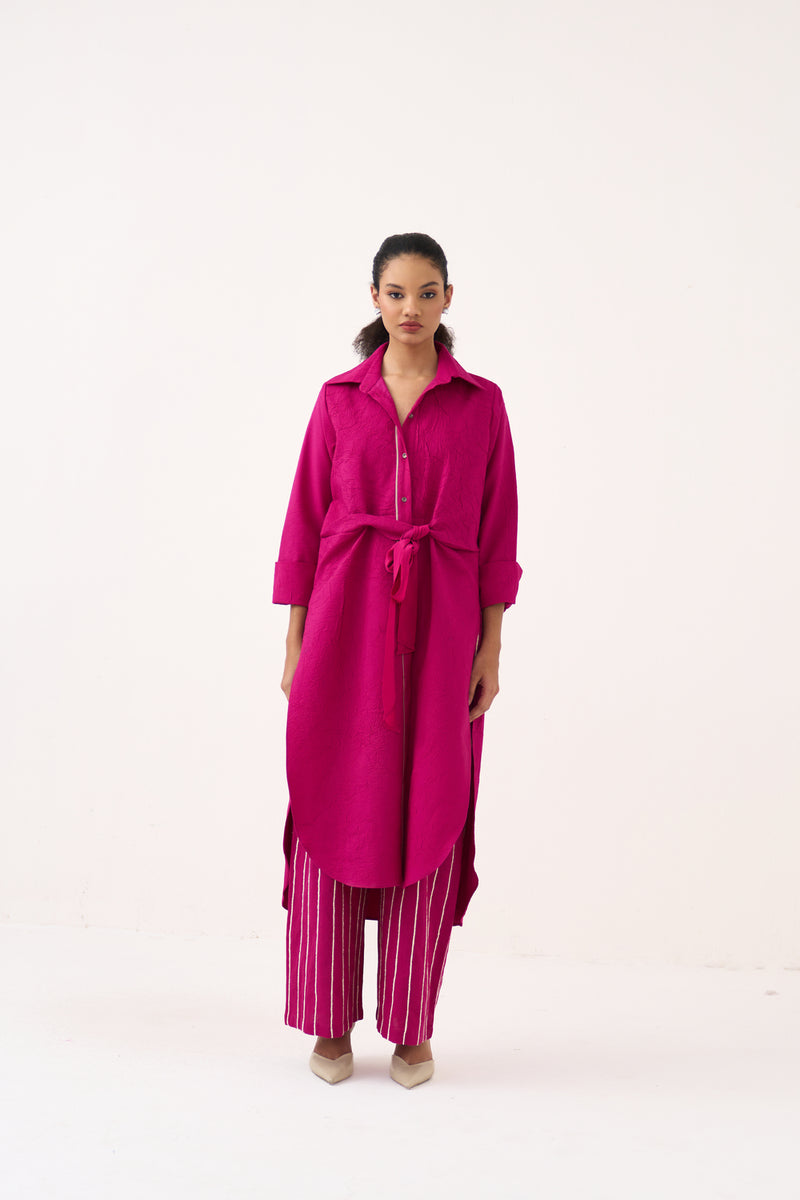 Front Knot Tunic-Bright Berry handwoven cotton tunics/kaftan by THREE in pink for women Worldwide