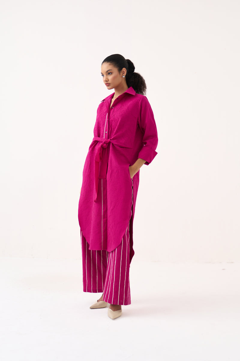 Front Knot Shirt Co-Ord (Set Of 2)-Bright Berry handwoven cotton co-ord set by THREE in pink for women Worldwide