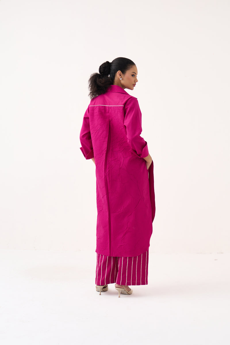 Front Knot Shirt Co-Ord (Set Of 2)-Bright Berry handwoven cotton co-ord set by THREE in pink for women Worldwide