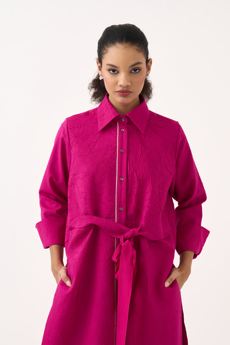Front Knot Shirt Co-Ord (Set Of 2)-Bright Berry handwoven cotton co-ord set by THREE in pink for women Worldwide
