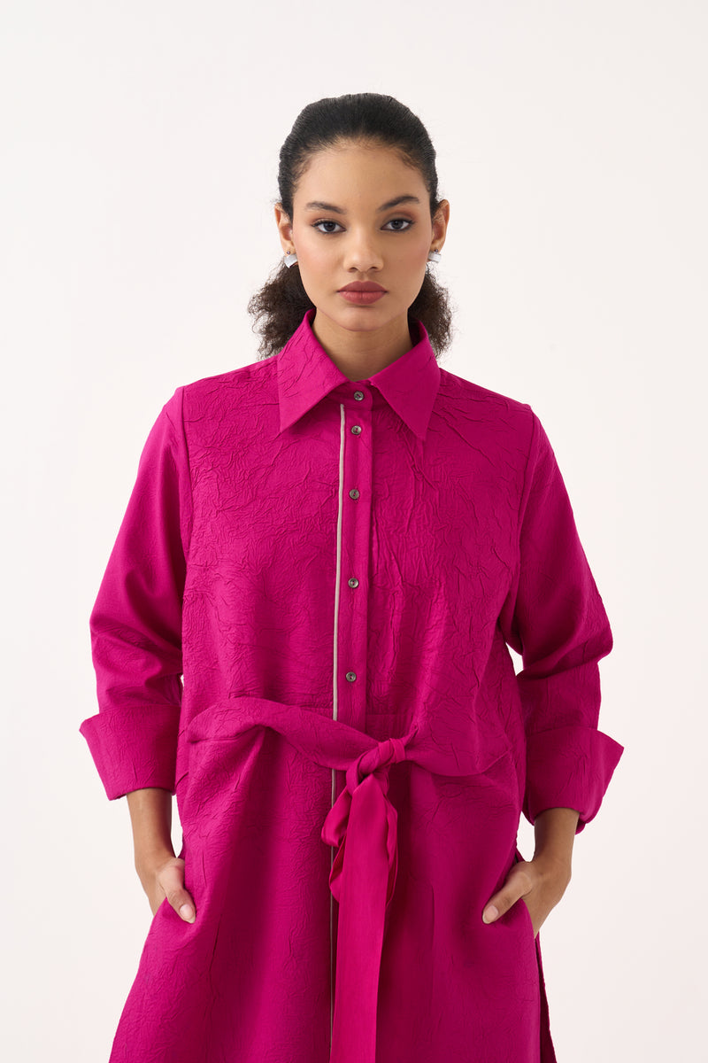 Front Knot Tunic-Bright Berry handwoven cotton tunics/kaftan by THREE in pink for women Worldwide