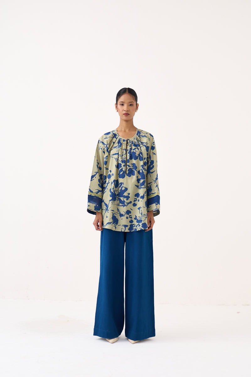 Wide Sleeve Gather Neck Top-Cobalt Blue/Soft Moss Floral 100% cotton poplin top/shirt by THREE in cobalt blue for women Worldwide