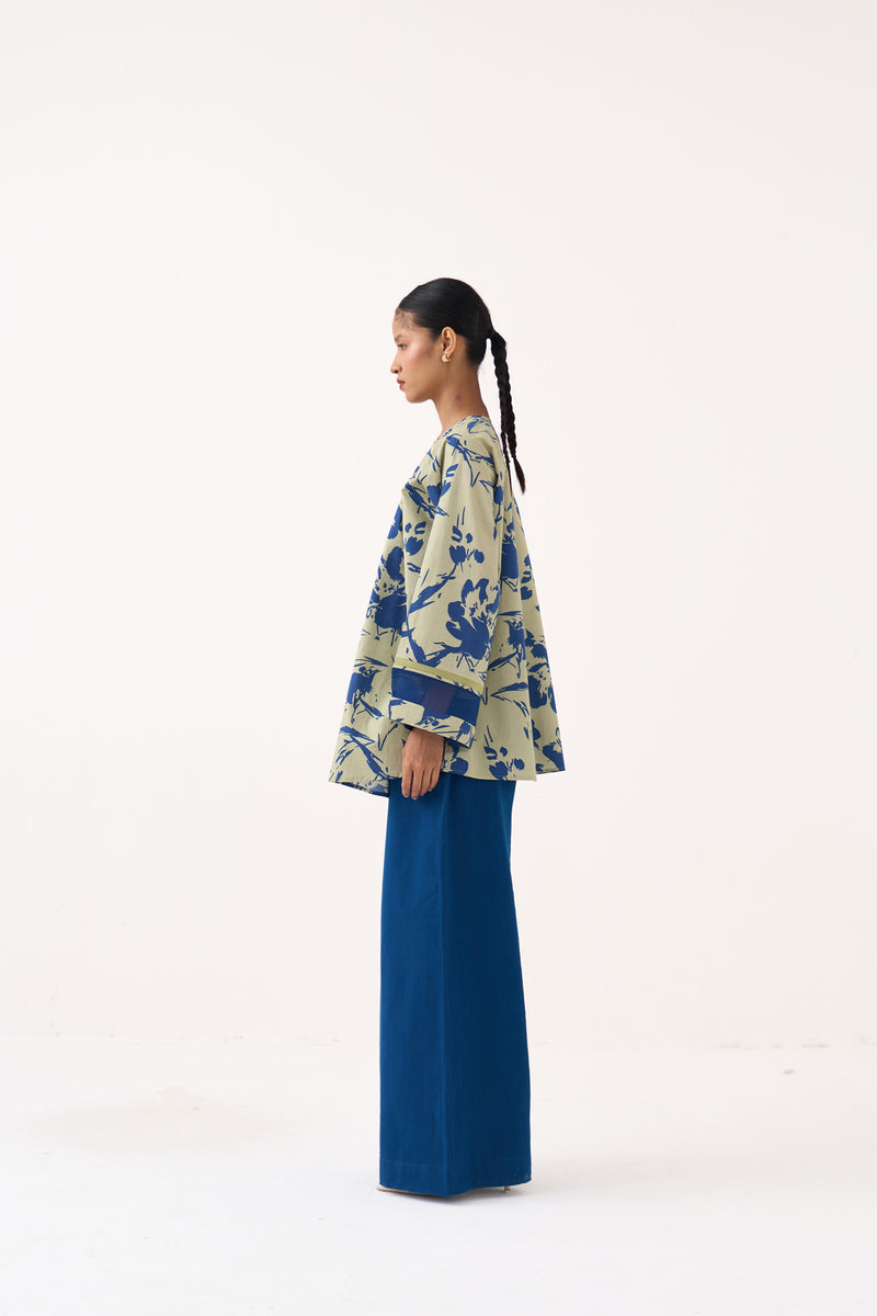 Wide Sleeve Gather Neck Top Co-Ord-Cobalt Blue/Soft Moss Floral 100% cotton poplin co-ord set by THREE in cobalt blue for women Worldwide