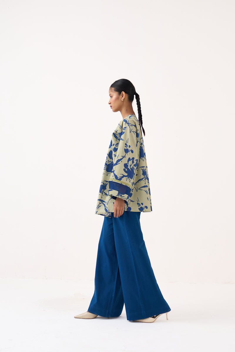 Wide Sleeve Gather Neck Top-Cobalt Blue/Soft Moss Floral 100% cotton poplin top/shirt by THREE in cobalt blue for women Worldwide