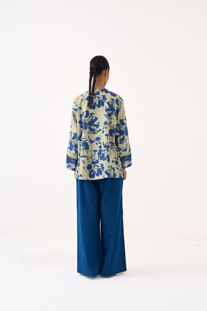 Wide Sleeve Gather Neck Top-Cobalt Blue/Soft Moss Floral 100% cotton poplin top/shirt by THREE in cobalt blue for women Worldwide