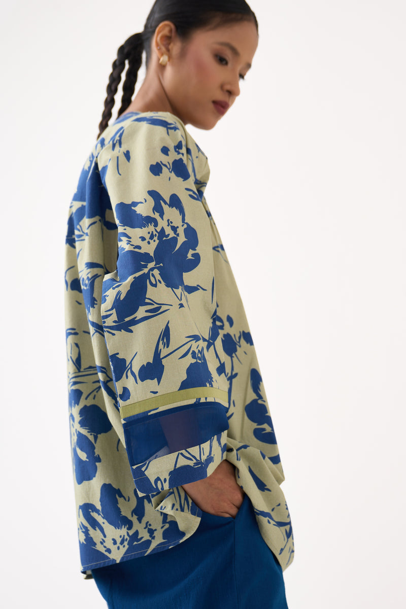 Wide Sleeve Gather Neck Top Co-Ord-Cobalt Blue/Soft Moss Floral 100% cotton poplin co-ord set by THREE in cobalt blue for women Worldwide