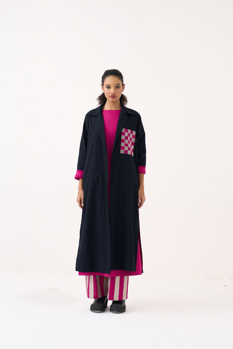 Check Patch Overlay Co-Ord (Set Of 3)-Black handwoven cotton co-ord set by THREE in black, fuchsia for women Worldwide