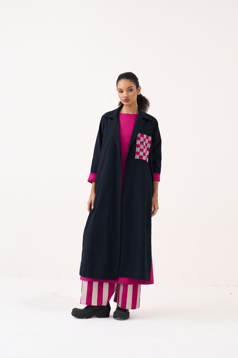 Check Patch Overlay Co-Ord (Set Of 3)-Black handwoven cotton co-ord set by THREE in black, fuchsia for women Worldwide