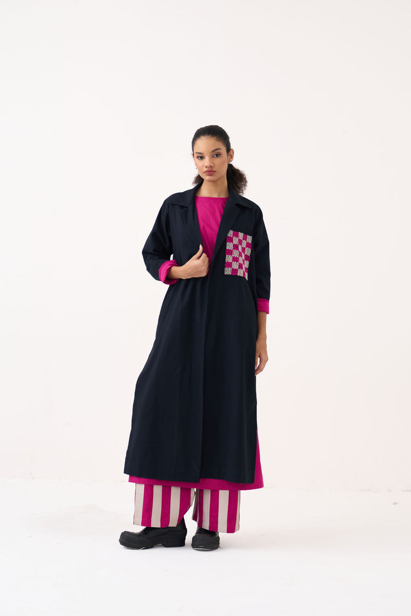 Check Patch Overlay-Black handwoven cotton jacket/overlay by THREE in black for women Worldwide