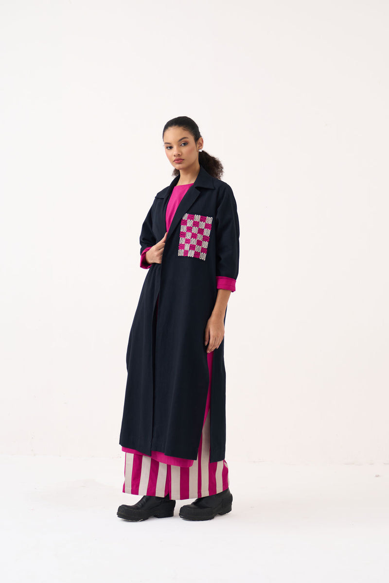 Check Patch Overlay-Black handwoven cotton jacket/overlay by THREE in black for women Worldwide