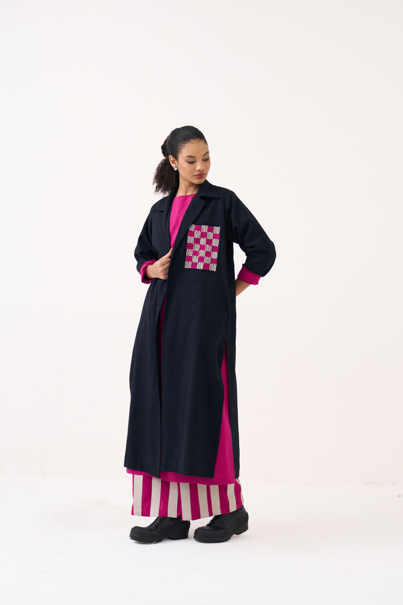 Check Patch Overlay-Black handwoven cotton jacket/overlay by THREE in black for women Worldwide
