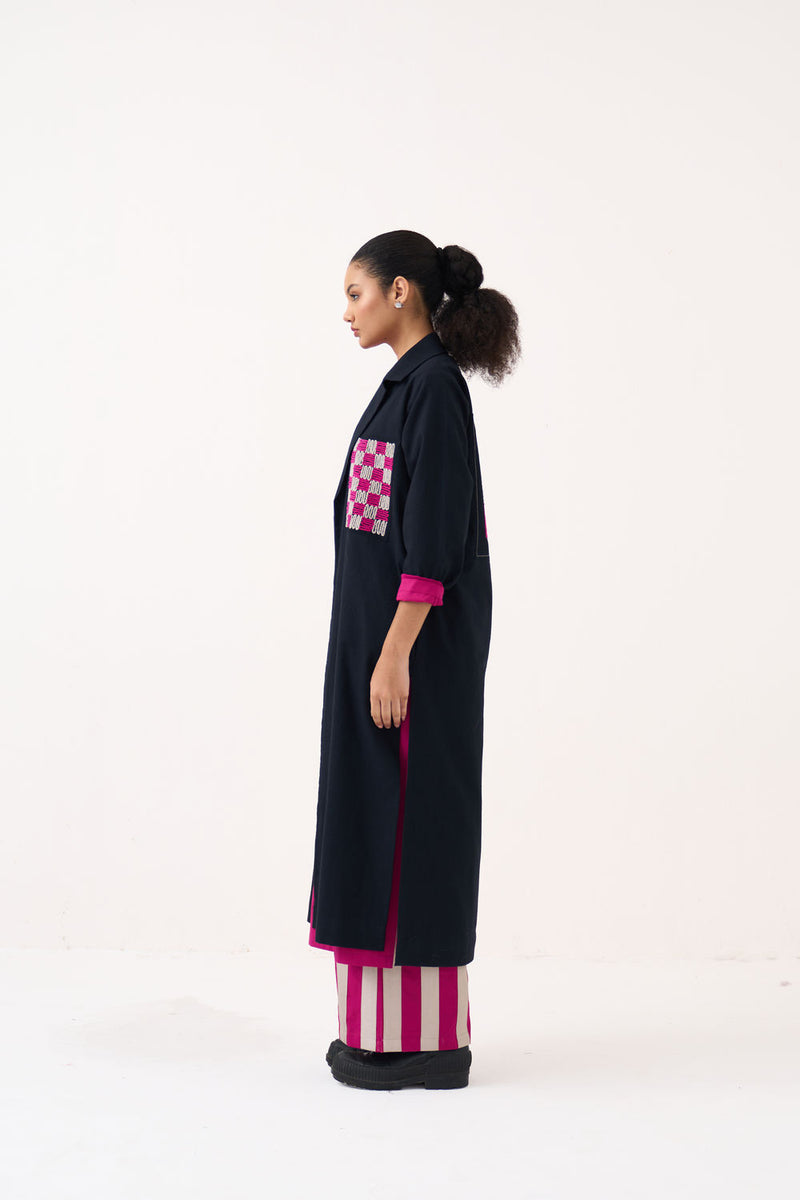 Check Patch Overlay Co-Ord (Set Of 3)-Black handwoven cotton co-ord set by THREE in black, fuchsia for women Worldwide