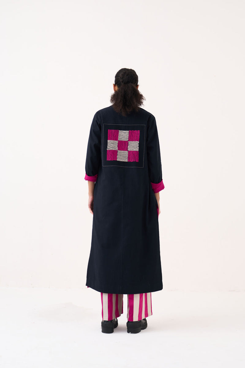 Check Patch Overlay Co-Ord (Set Of 3)-Black handwoven cotton co-ord set by THREE in black, fuchsia for women Worldwide