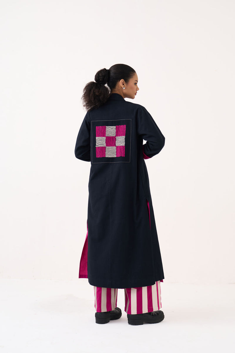Check Patch Overlay-Black handwoven cotton jacket/overlay by THREE in black for women Worldwide
