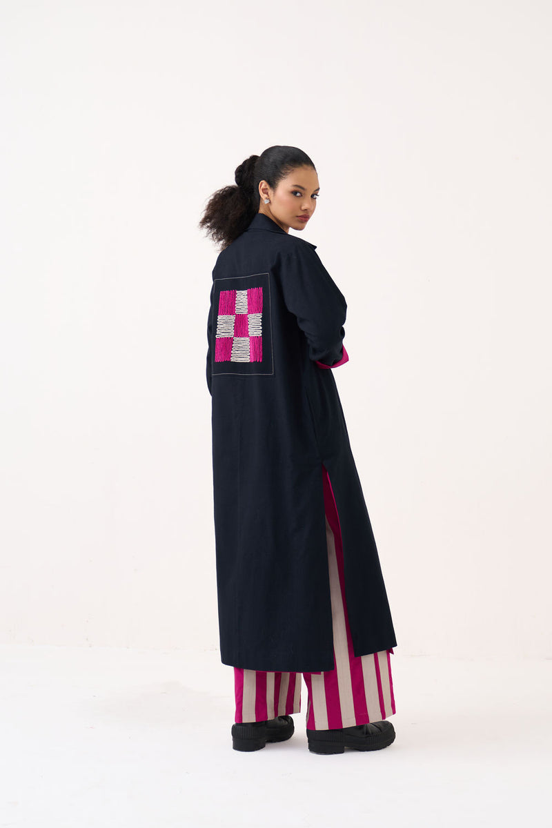 Check Patch Overlay Co-Ord (Set Of 3)-Black handwoven cotton co-ord set by THREE in black, fuchsia for women Worldwide