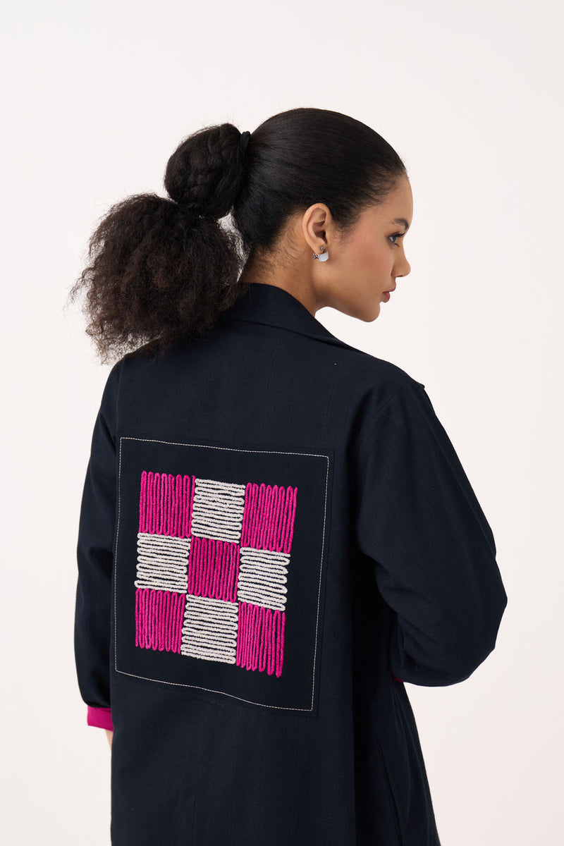 Check Patch Overlay-Black handwoven cotton jacket/overlay by THREE in black for women Worldwide