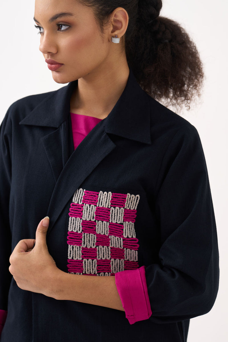 Check Patch Overlay-Black handwoven cotton jacket/overlay by THREE in black for women Worldwide