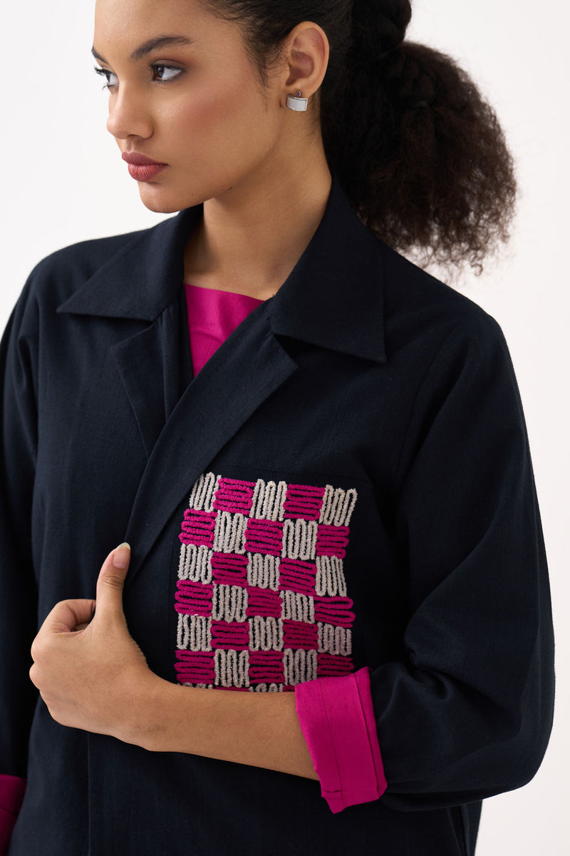 Check Patch Overlay-Black handwoven cotton jacket/overlay by THREE in black for women Worldwide