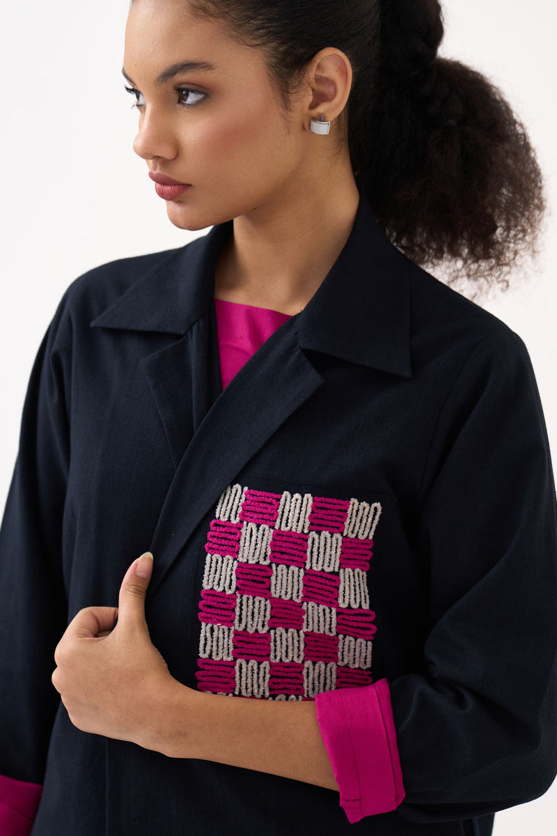 Check Patch Overlay Co-Ord (Set Of 3)-Black handwoven cotton co-ord set by THREE in black, fuchsia for women Worldwide