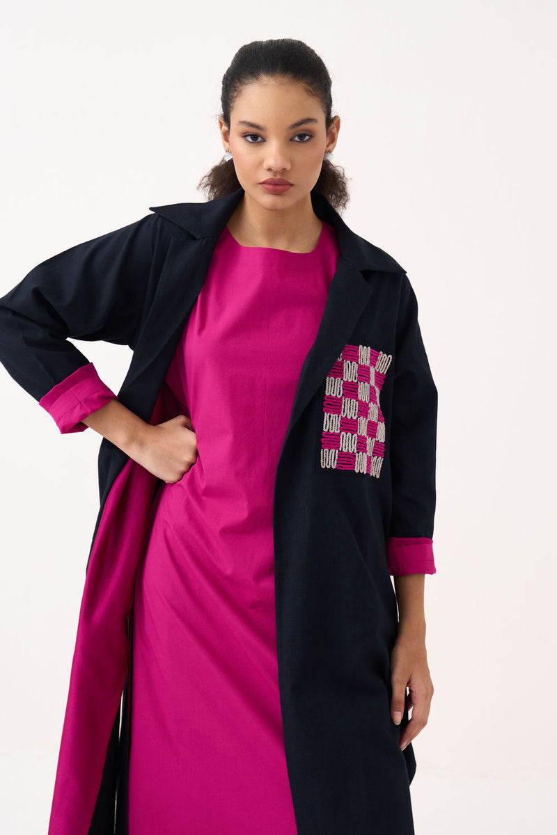 Check Patch Overlay Co-Ord (Set Of 3)-Black handwoven cotton co-ord set by THREE in black, fuchsia for women Worldwide