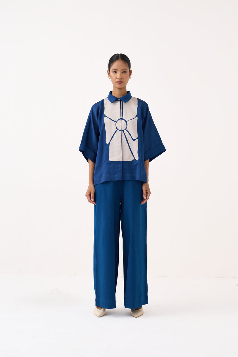 Floral Applique Shirt Co-Ord-Cobalt Blue chanderi co-ord set by THREE in cobalt blue for women Worldwide