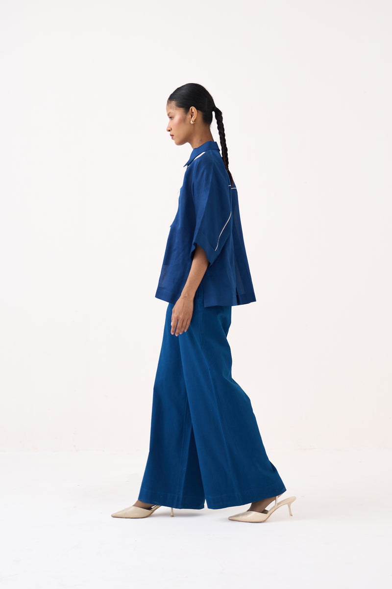 Floral Applique Shirt-Cobalt Blue  chanderi tunics/kaftan by THREE in cobalt blue for women Worldwide