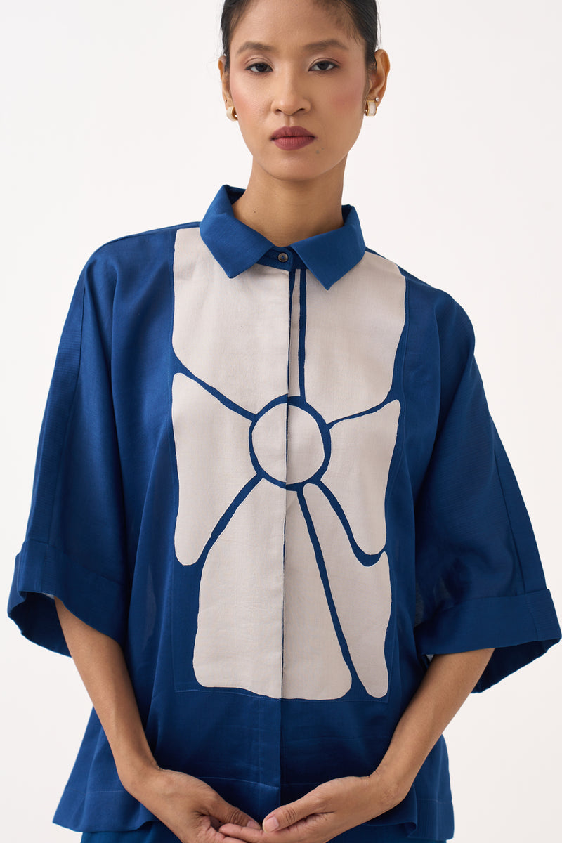 Floral Applique Shirt Co-Ord-Cobalt Blue chanderi co-ord set by THREE in cobalt blue for women Worldwide