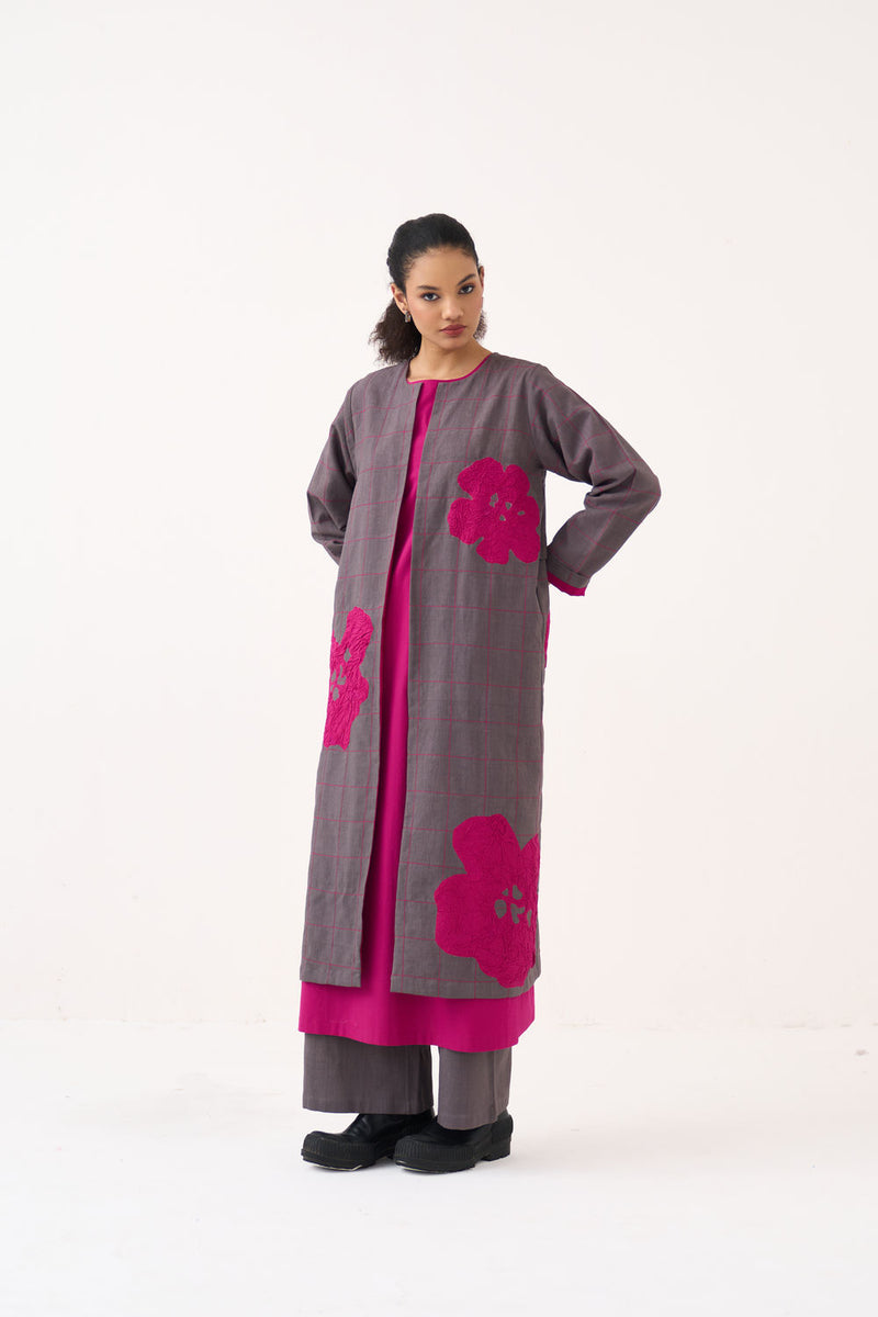 All Over Embroidery Overlay-Grey handwoven cotton jacket/overlay by THREE in grey for women Worldwide
