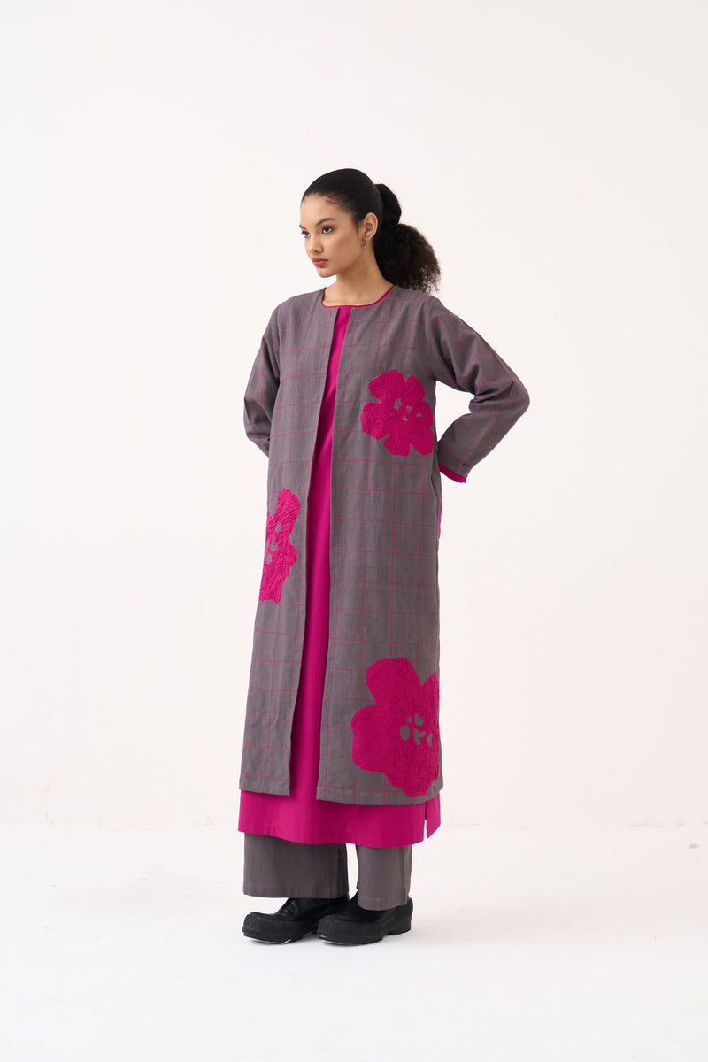All Over Embroidery Overlay-Grey handwoven cotton jacket/overlay by THREE in grey for women Worldwide