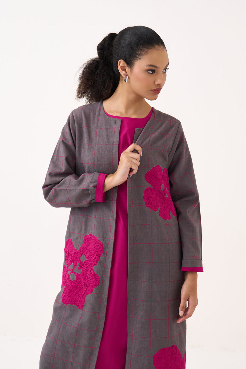 All Over Embroidery Overlay-Grey handwoven cotton jacket/overlay by THREE in grey for women Worldwide