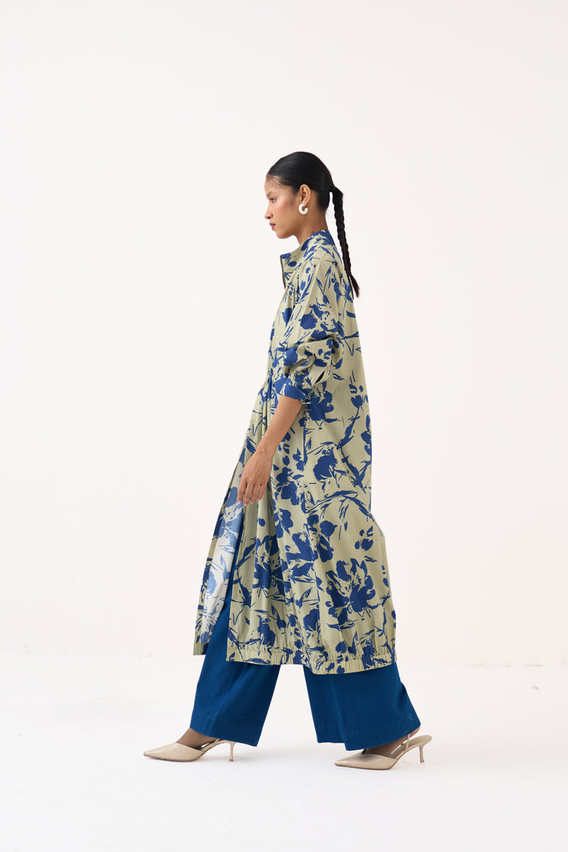 Drawstring Tunic-Cobalt Blue/Soft Moss 100% cotton poplin tunics/kaftan by THREE in cobalt blue for women Worldwide