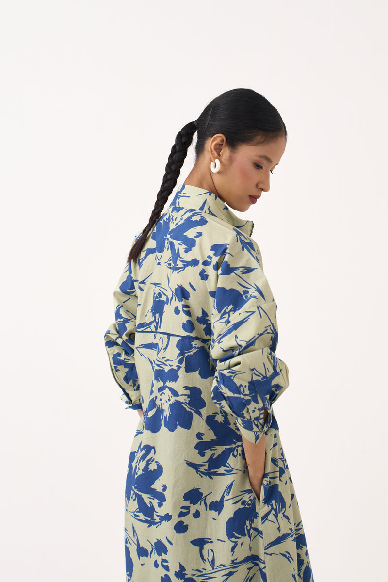 Drawstring Tunic Co-Ord-Cobalt Blue/Soft Moss 100% cotton poplin co-ord set by THREE in cobalt blue for women Worldwide