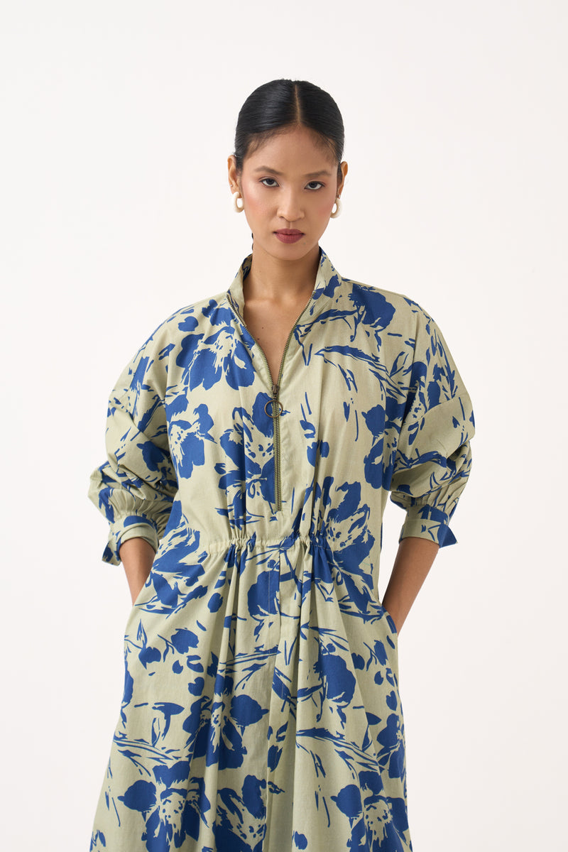 Drawstring Tunic-Cobalt Blue/Soft Moss 100% cotton poplin tunics/kaftan by THREE in cobalt blue for women Worldwide