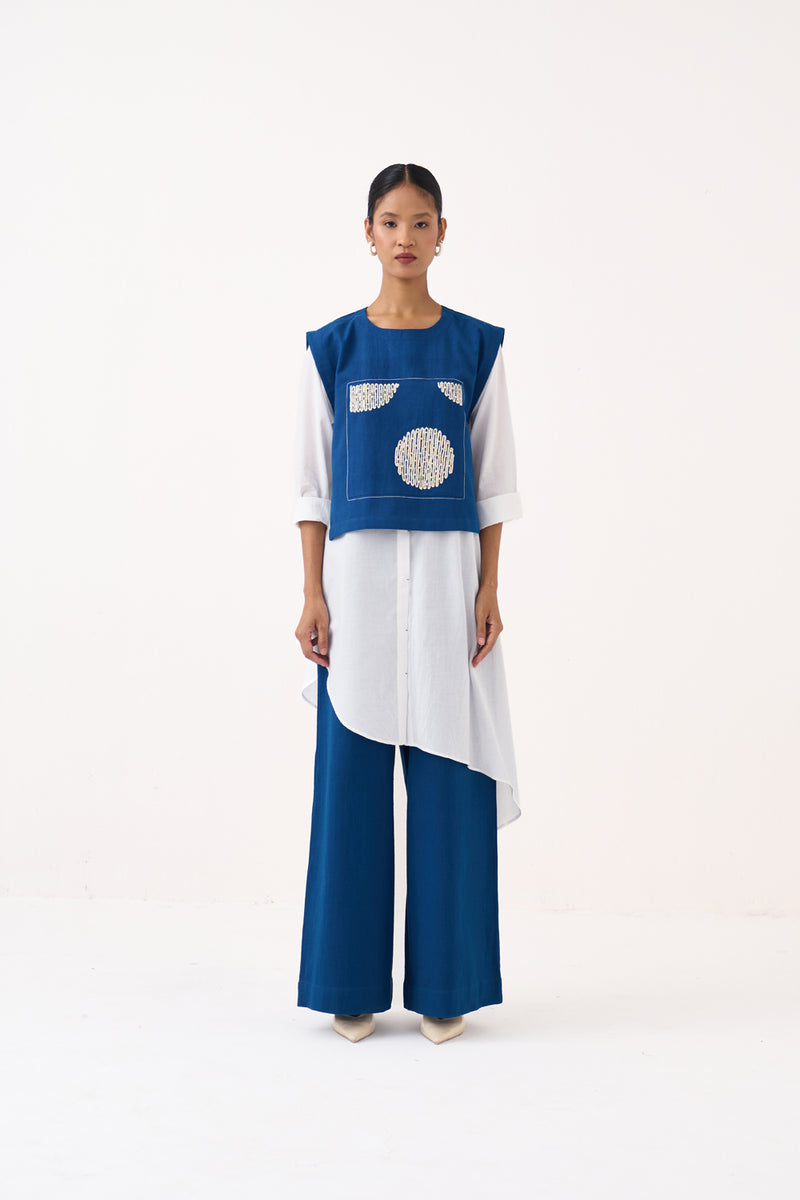 Beaded Emb. Overlay Co-Ord (Set Of 3)-Cobalt Blue & White handwoven cotton co-ord set by THREE in cobalt blue for women Worldwide