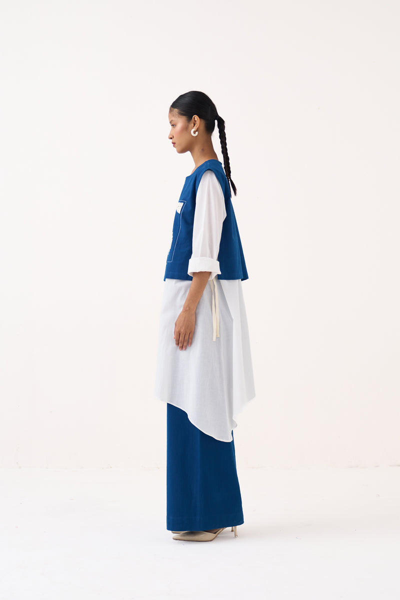 Beaded Emb. Overlay Co-Ord (Set Of 3)-Cobalt Blue & White handwoven cotton co-ord set by THREE in cobalt blue for women Worldwide
