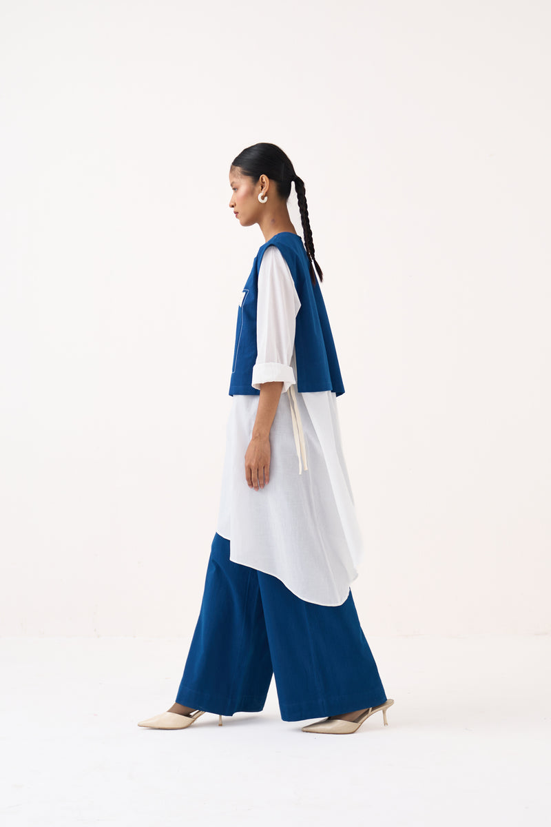 Beaded Emb. Overlay Co-Ord (Set Of 3)-Cobalt Blue & White handwoven cotton co-ord set by THREE in cobalt blue for women Worldwide