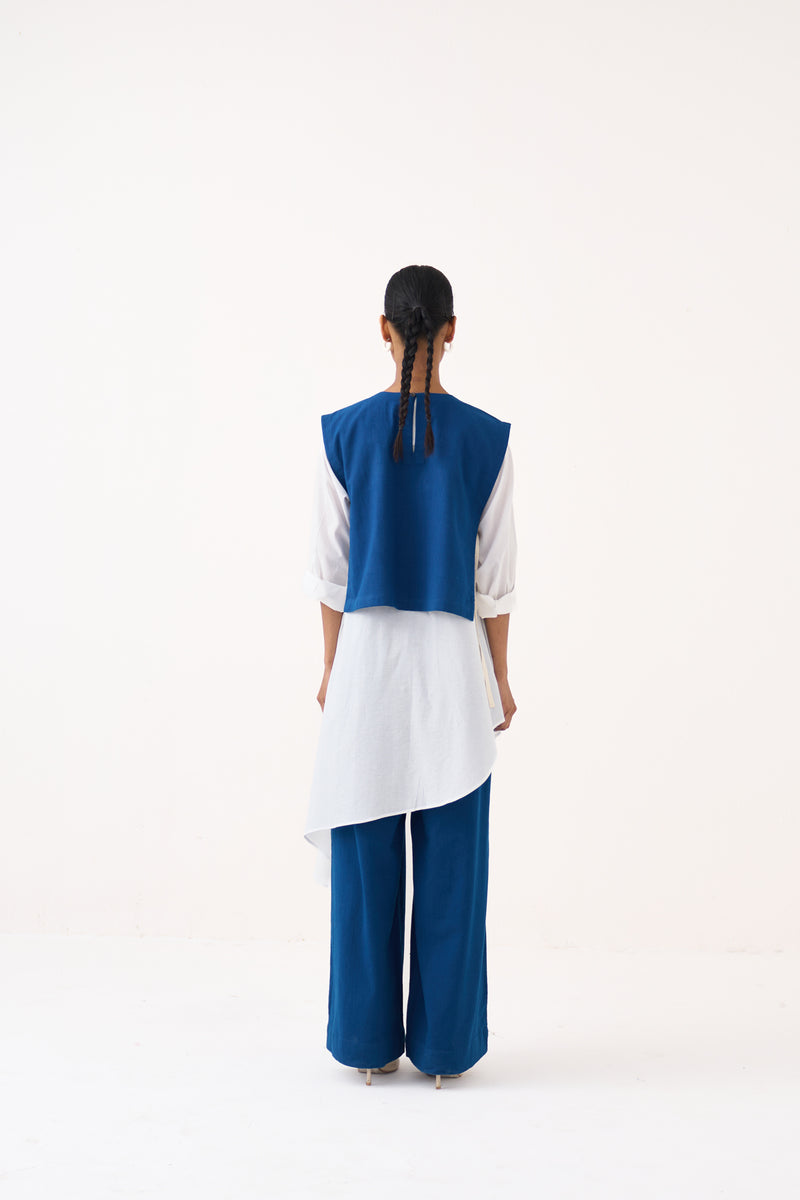 Beaded Emb. Overlay Co-Ord (Set Of 3)-Cobalt Blue & White handwoven cotton co-ord set by THREE in cobalt blue for women Worldwide
