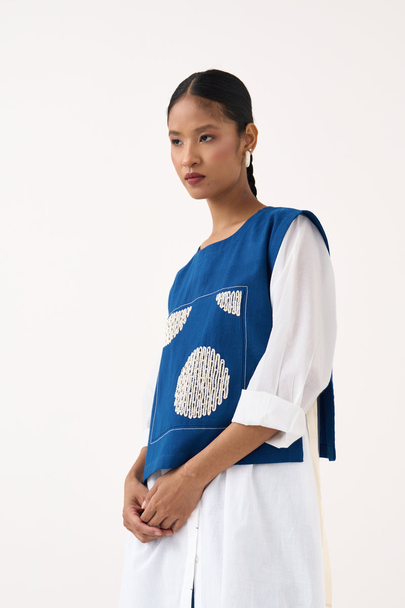 Beaded Emb. Overlay (Set Of 2)-Cobalt Blue White  handwoven cotton jacket/overlay by THREE in cobalt blue for women Worldwide
