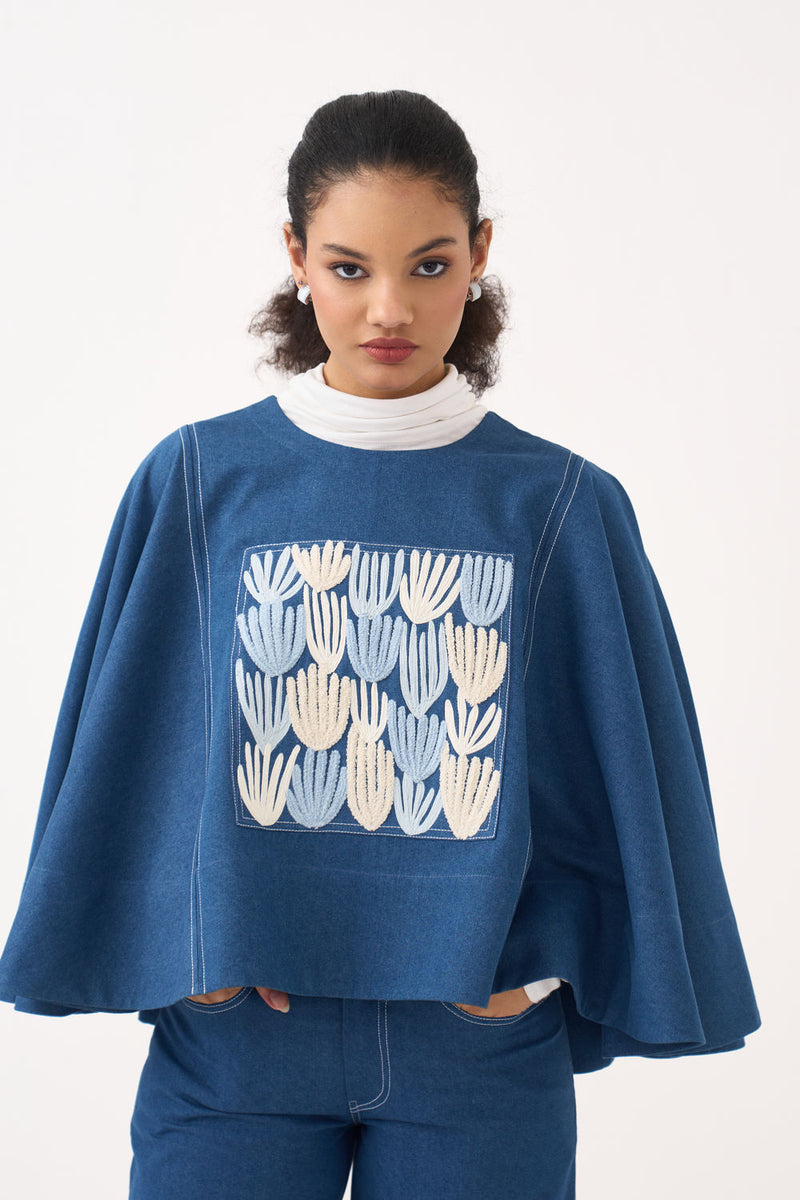 Emb. Patch Denim Poncho-Blue Denim denim top/shirt by THREE in blue for women Worldwide