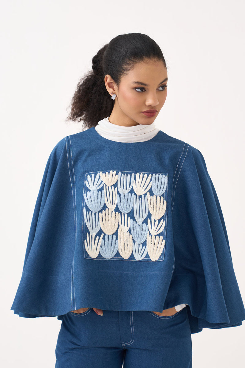 Emb. Patch Denim Poncho-Blue Denim denim top/shirt by THREE in blue for women Worldwide
