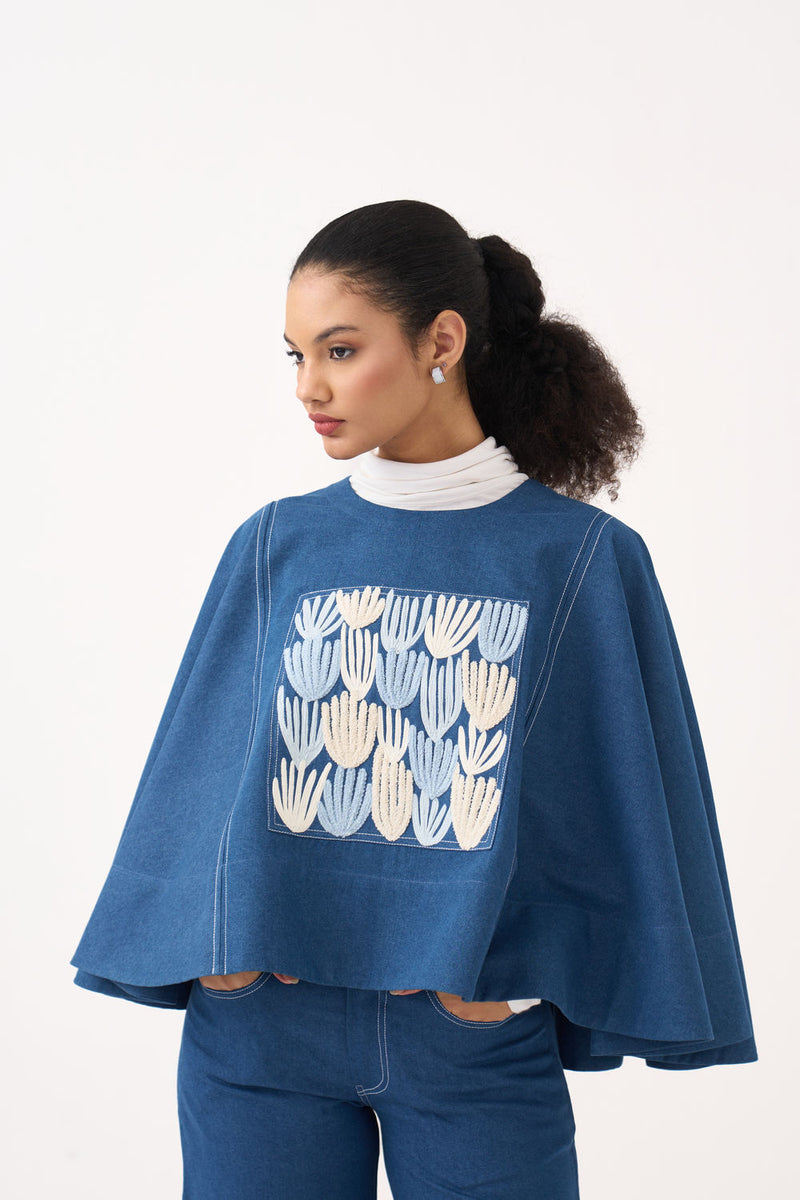 Emb. Patch Denim Poncho-Blue Denim denim top/shirt by THREE in blue for women Worldwide