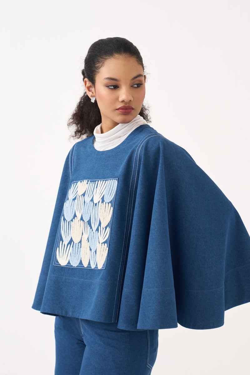 Emb. Patch Denim Poncho-Blue Denim denim top/shirt by THREE in blue for women Worldwide