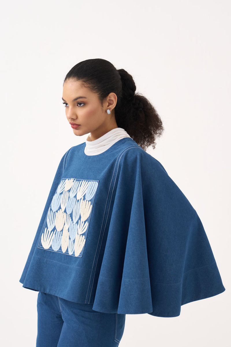 Emb. Patch Denim Poncho-Blue Denim denim top/shirt by THREE in blue for women Worldwide