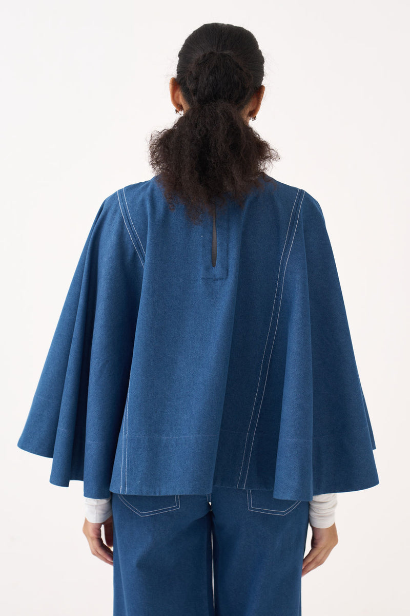 Emb. Patch Denim Poncho-Blue Denim denim top/shirt by THREE in blue for women Worldwide