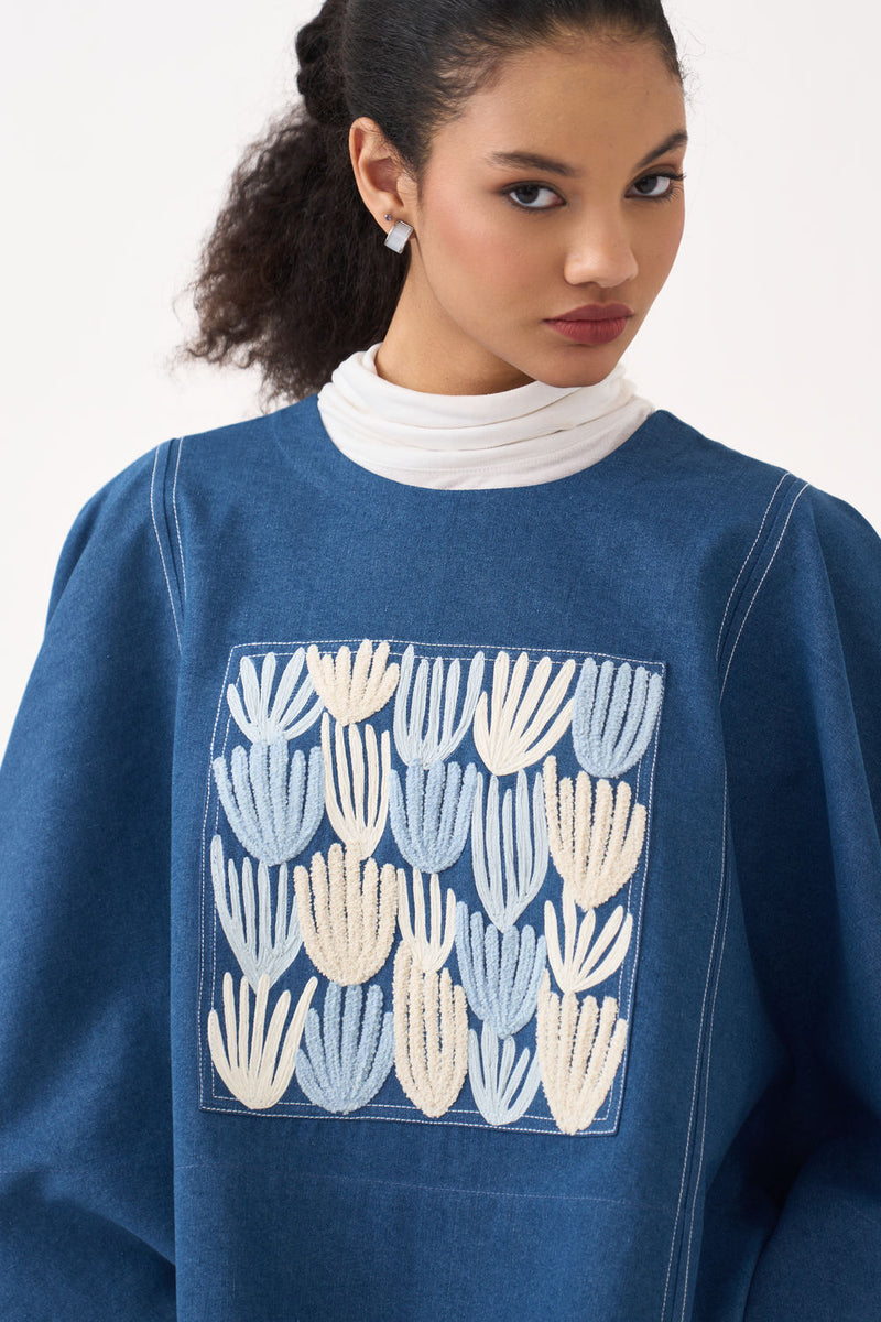 Emb. Patch Denim Poncho-Blue Denim denim top/shirt by THREE in blue for women Worldwide